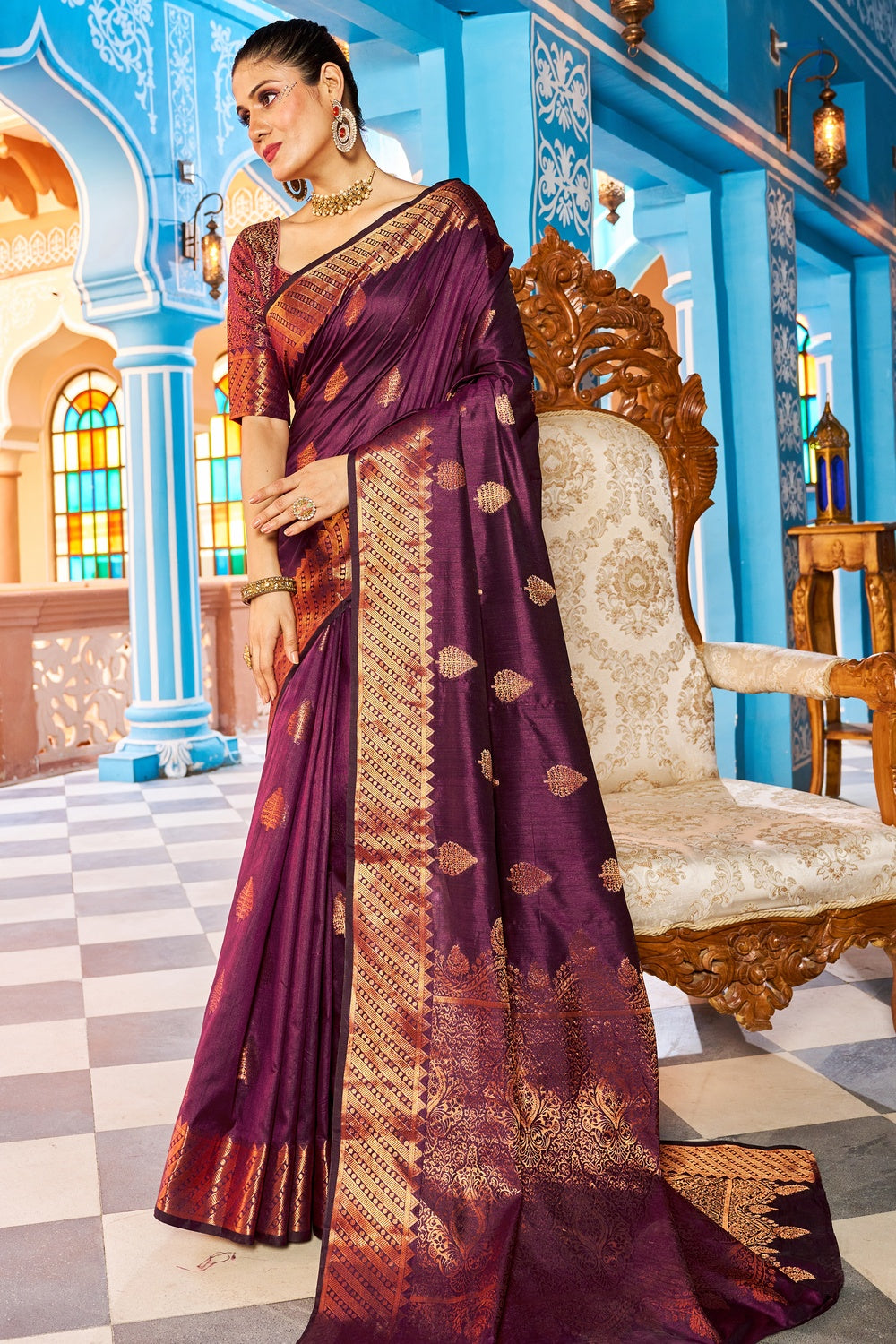 Mulberry Purple Kathan Silk Saree With Zari Weaving Work