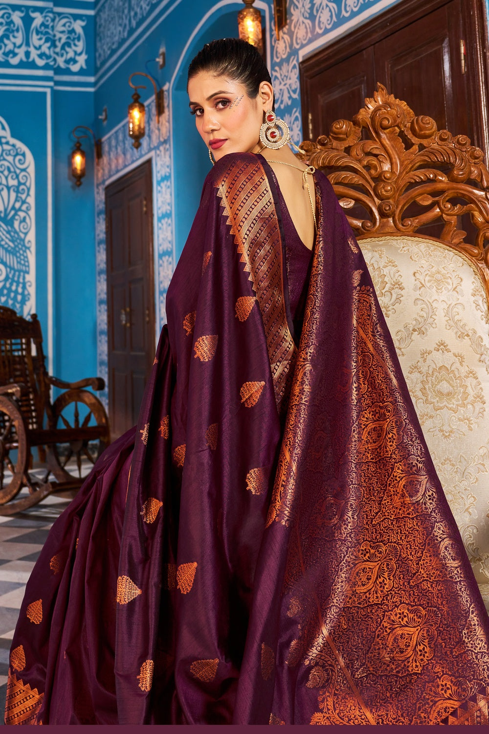 Mulberry Purple Kathan Silk Saree With Zari Weaving Work
