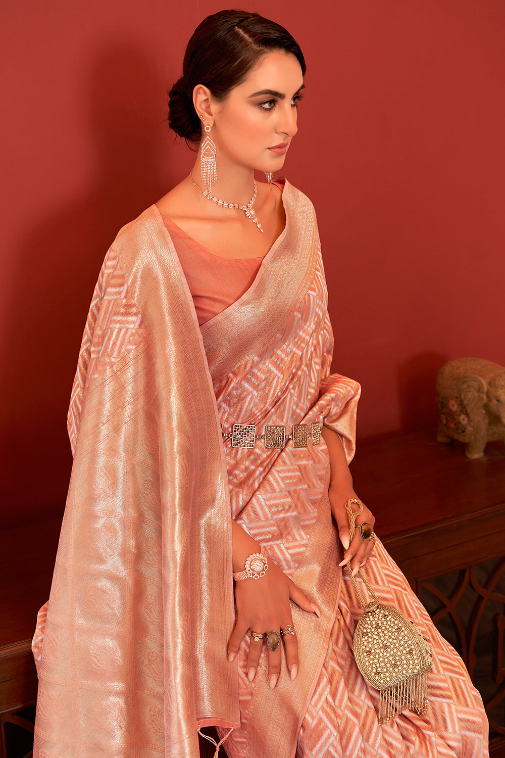 Peach Silk Saree With Weaving Work