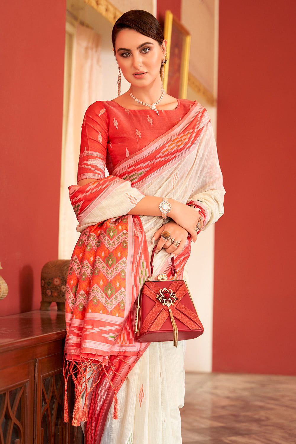 Off White Linen Saree With Ikkat Printed Work