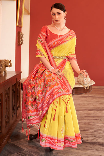 Yellow Linen Saree With Ikkat Printed Work