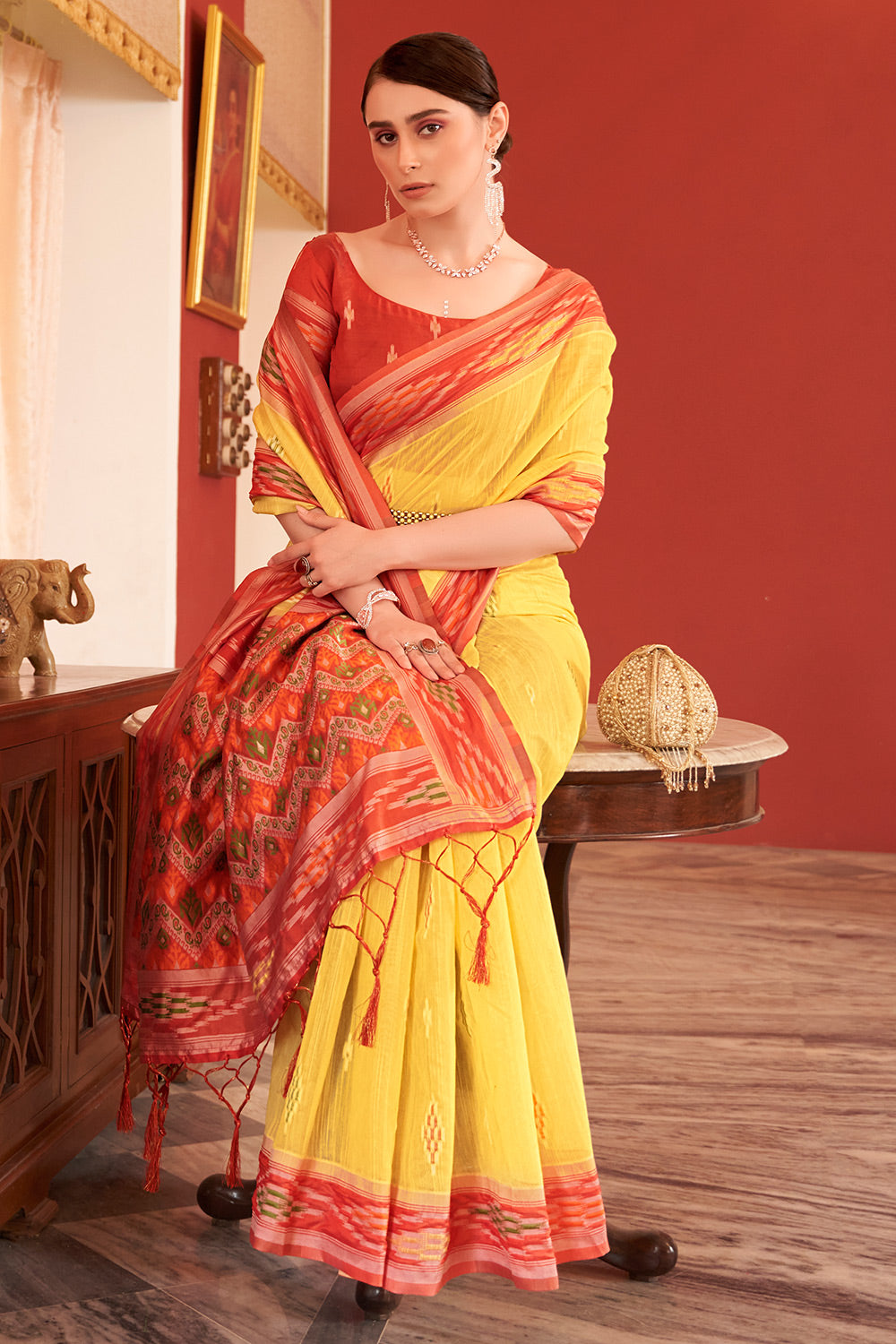 Yellow Linen Saree With Ikkat Printed Work