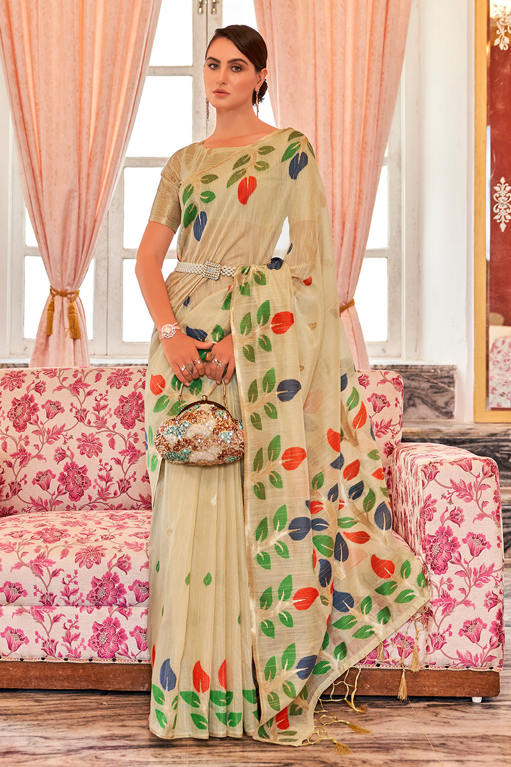 Cream Linen Saree With Printed Work