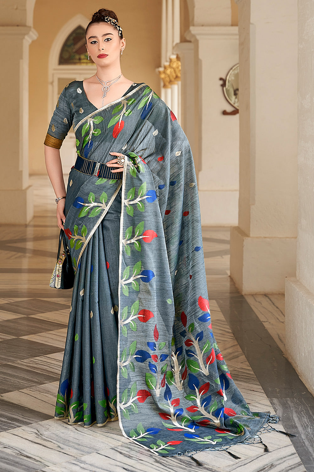 Gray Linen Saree With Printed Work