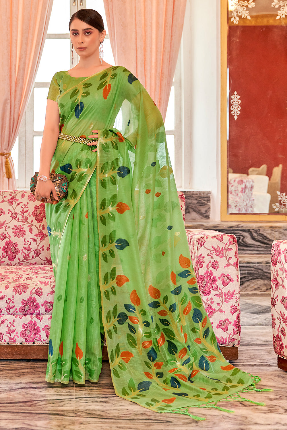 Green Linen Saree With Printed Work