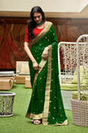 Dark Green Georgette Foil Printed Saree With Red Blouse