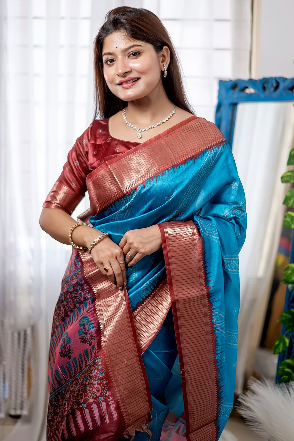 Blue Soft Raw Silk Saree With Bandhani Print &amp; Weaving Border