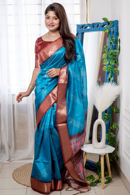 Blue Soft Raw Silk Saree With Bandhani Print &amp; Weaving Border