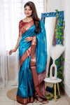 Blue Soft Raw Silk Saree With Bandhani Print & Weaving Border
