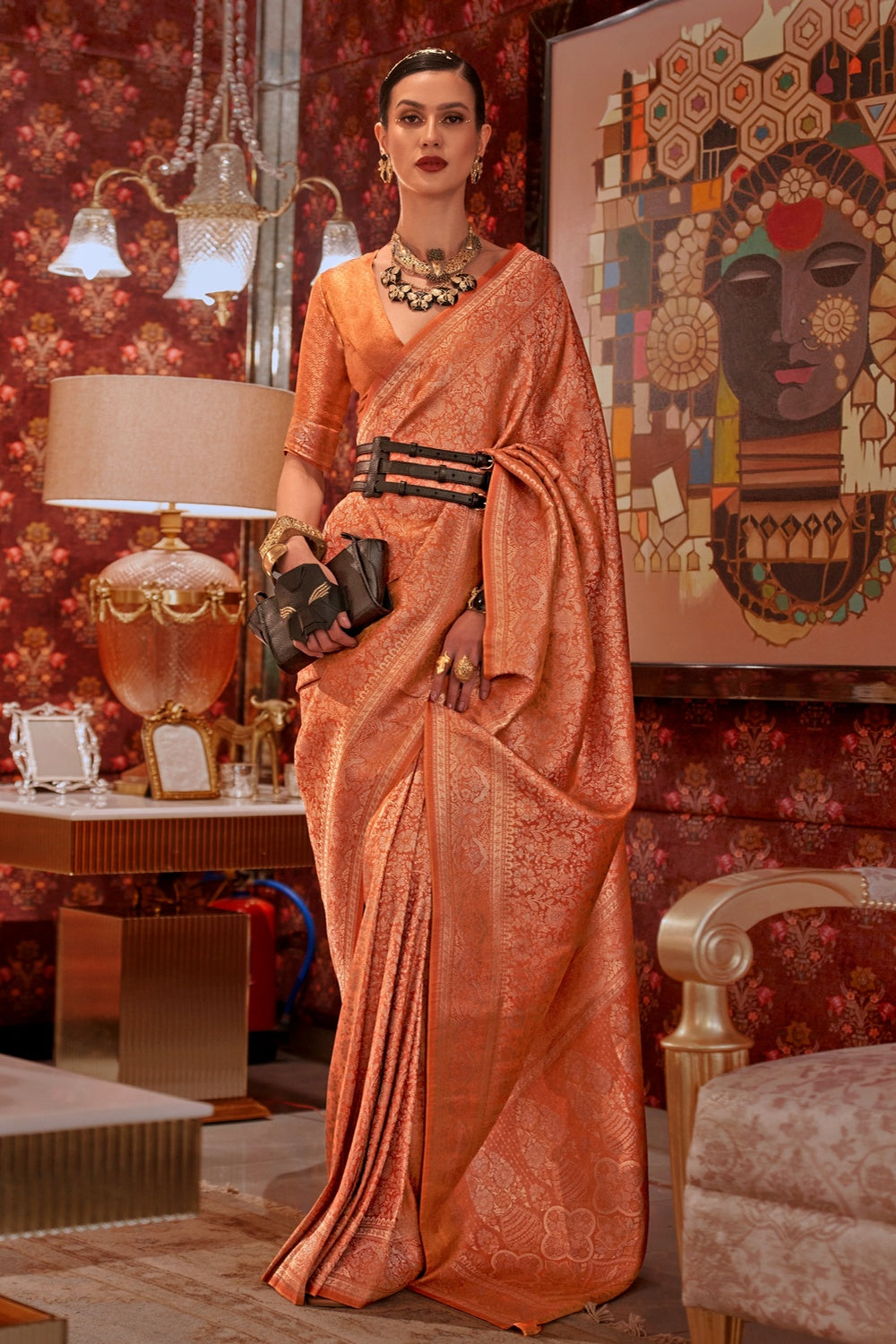 Light Orange Kanchipuram Handloom Weaving Silk Saree