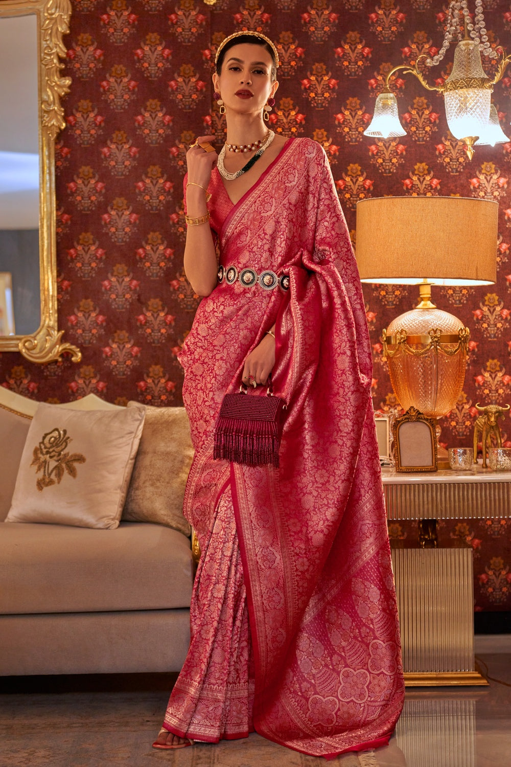 Dark Pink Kanchipuram Handloom Weaving Silk Saree