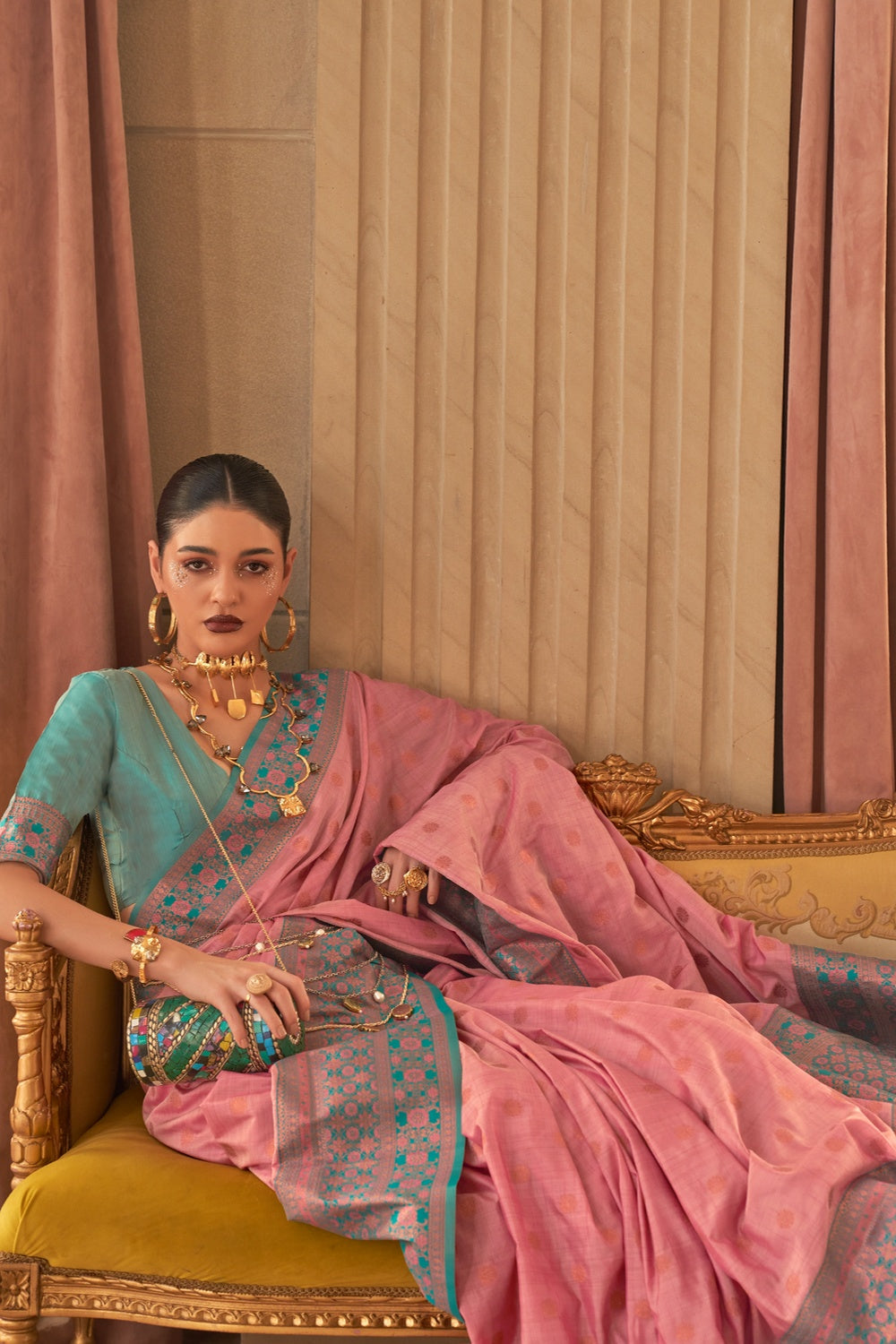 Rouge Pink Copper Zari Handloom Weaving Silk Saree