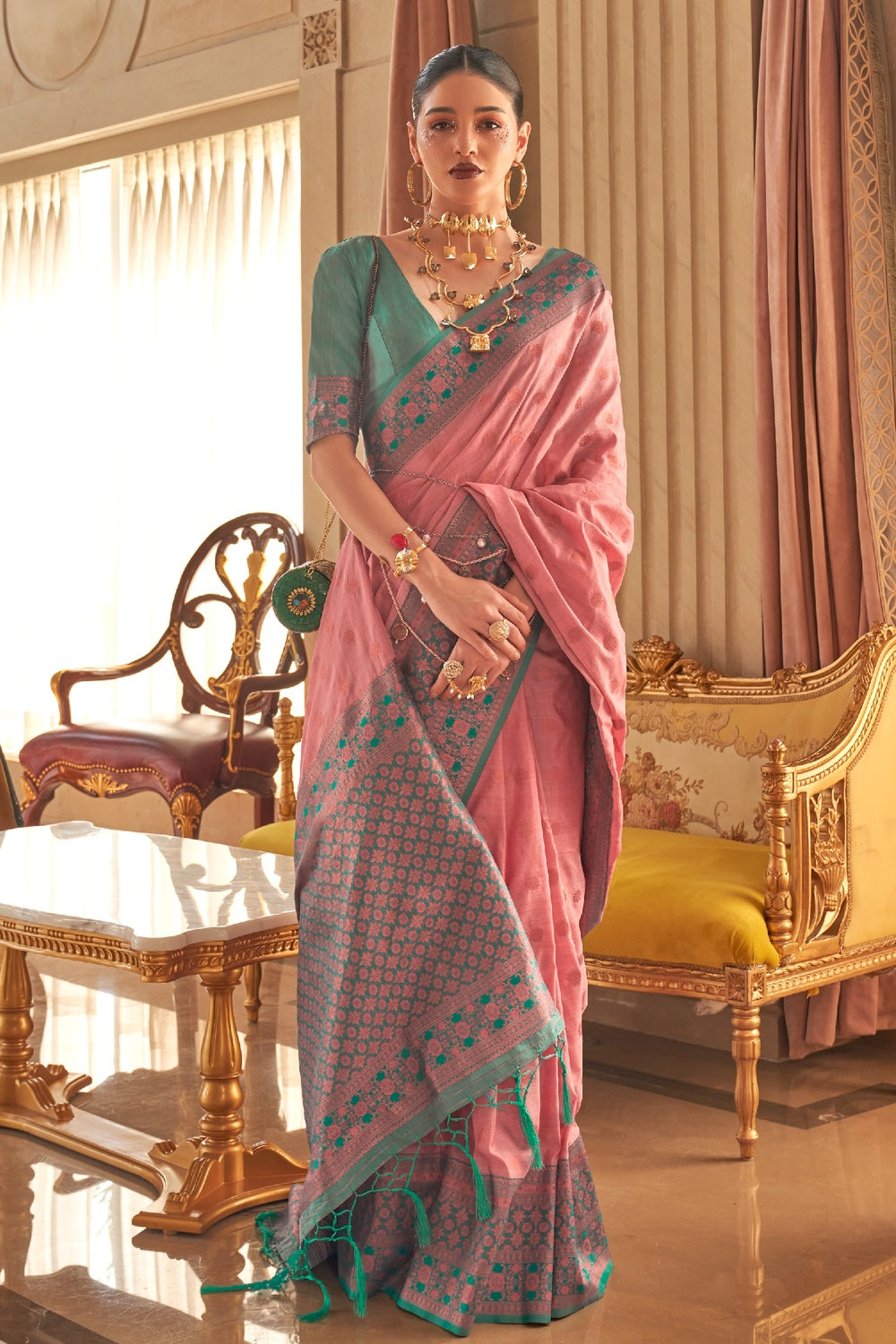 Rouge Pink Copper Zari Handloom Weaving Silk Saree