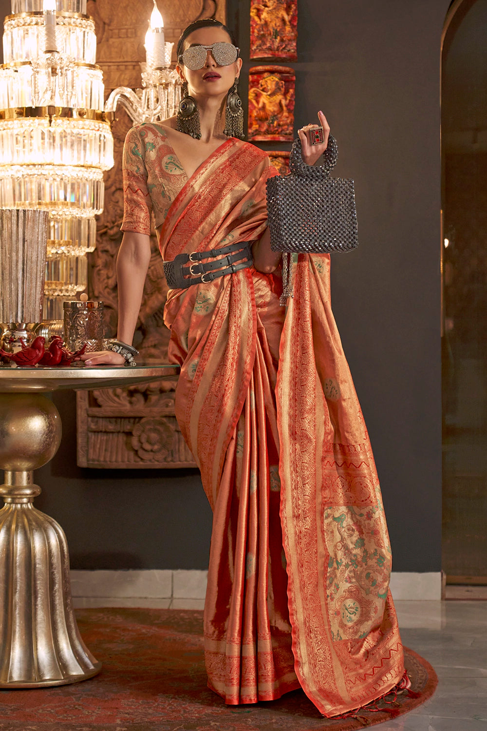 Orange Silk Saree With Handloom Weaving Work
