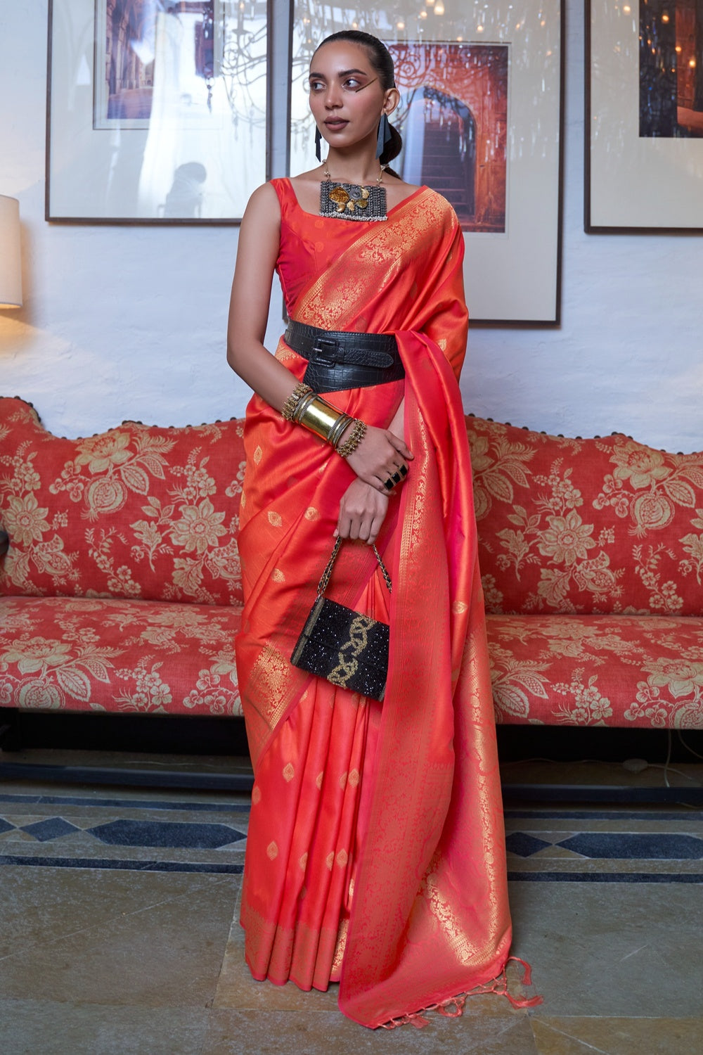 Orange Soft Banarasi Silk Saree With Weaving Work