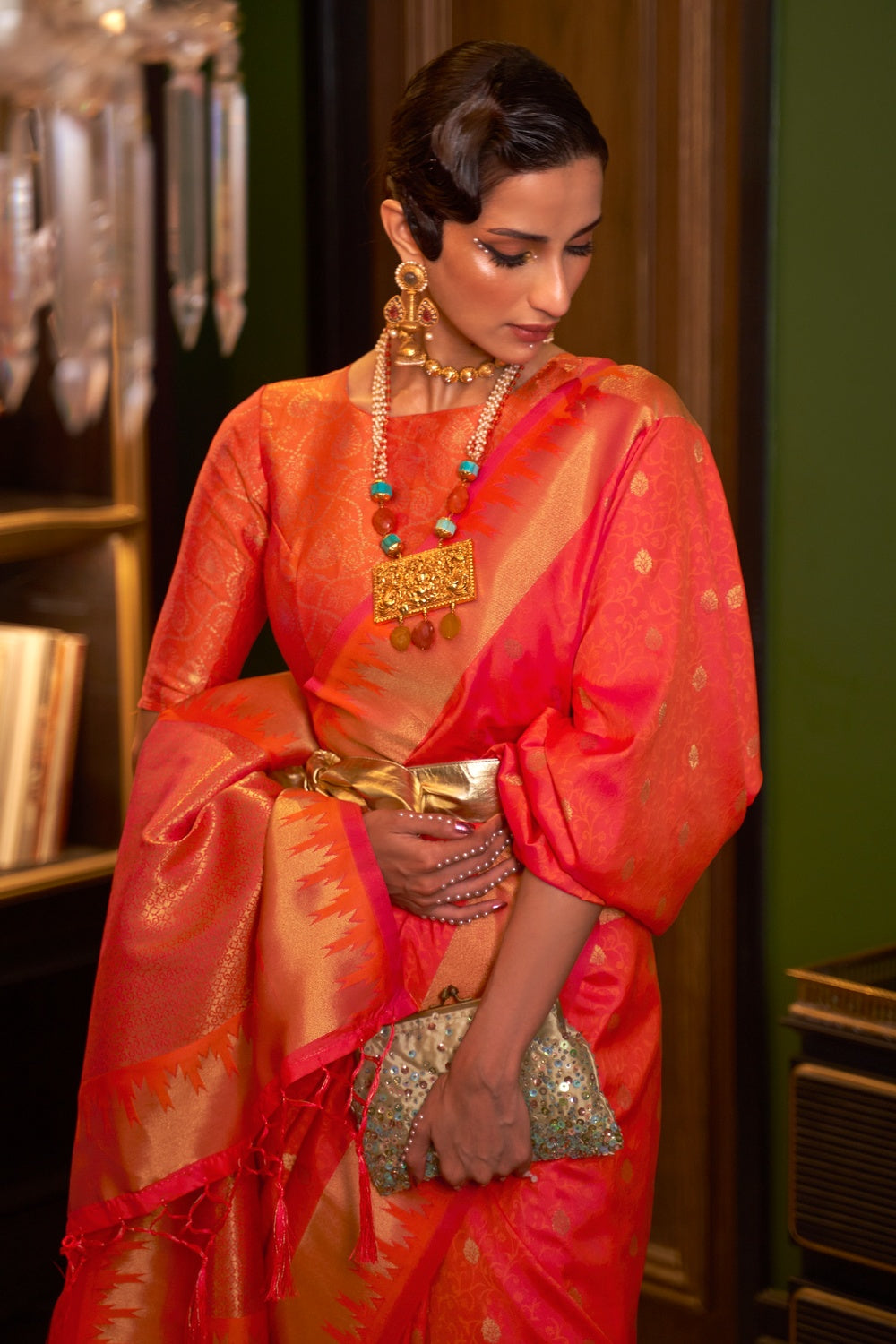 Orange Handloom Weaving Soft Silk Saree
