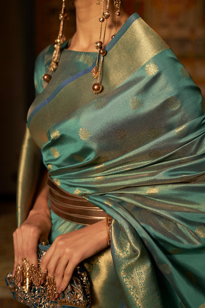Light Blue Kanjivaram Silk Saree With Handloom Weaving Work