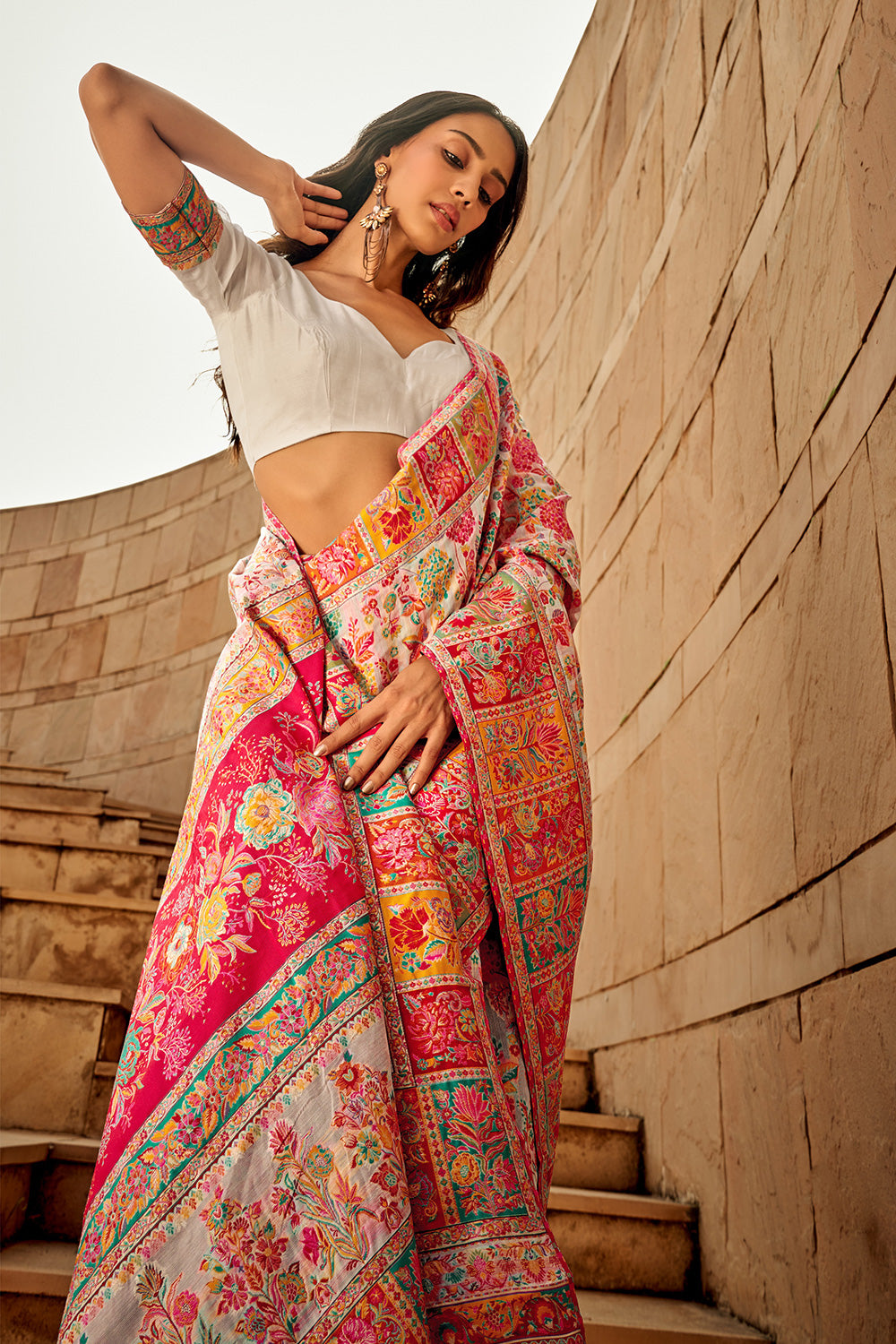 Off White &amp; Pink Kashmiri Modal Handloom Weaving Saree