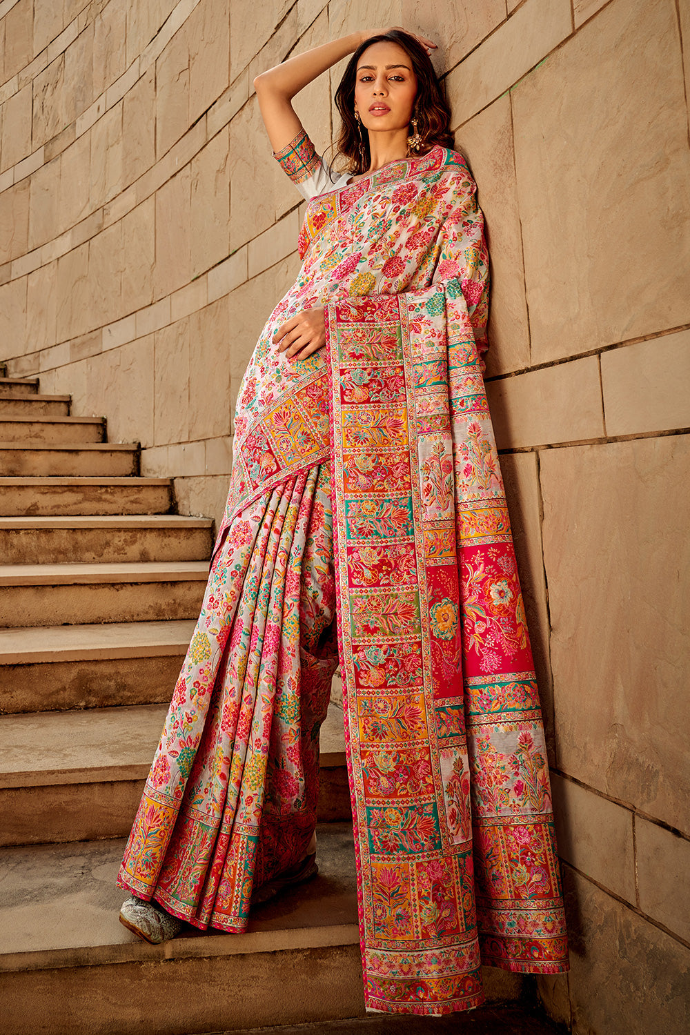 Off White &amp; Pink Kashmiri Modal Handloom Weaving Saree