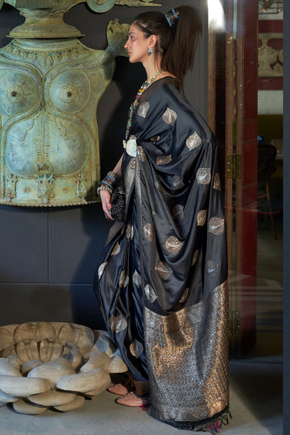 Black Satin Silk Handloom Weaving Saree