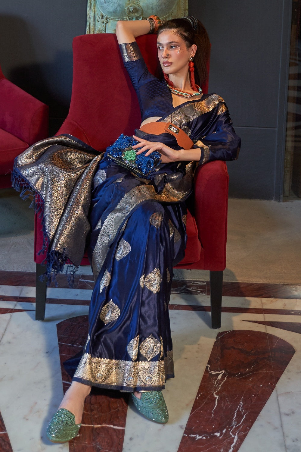 Navy Blue Satin Silk Handloom Weaving Saree