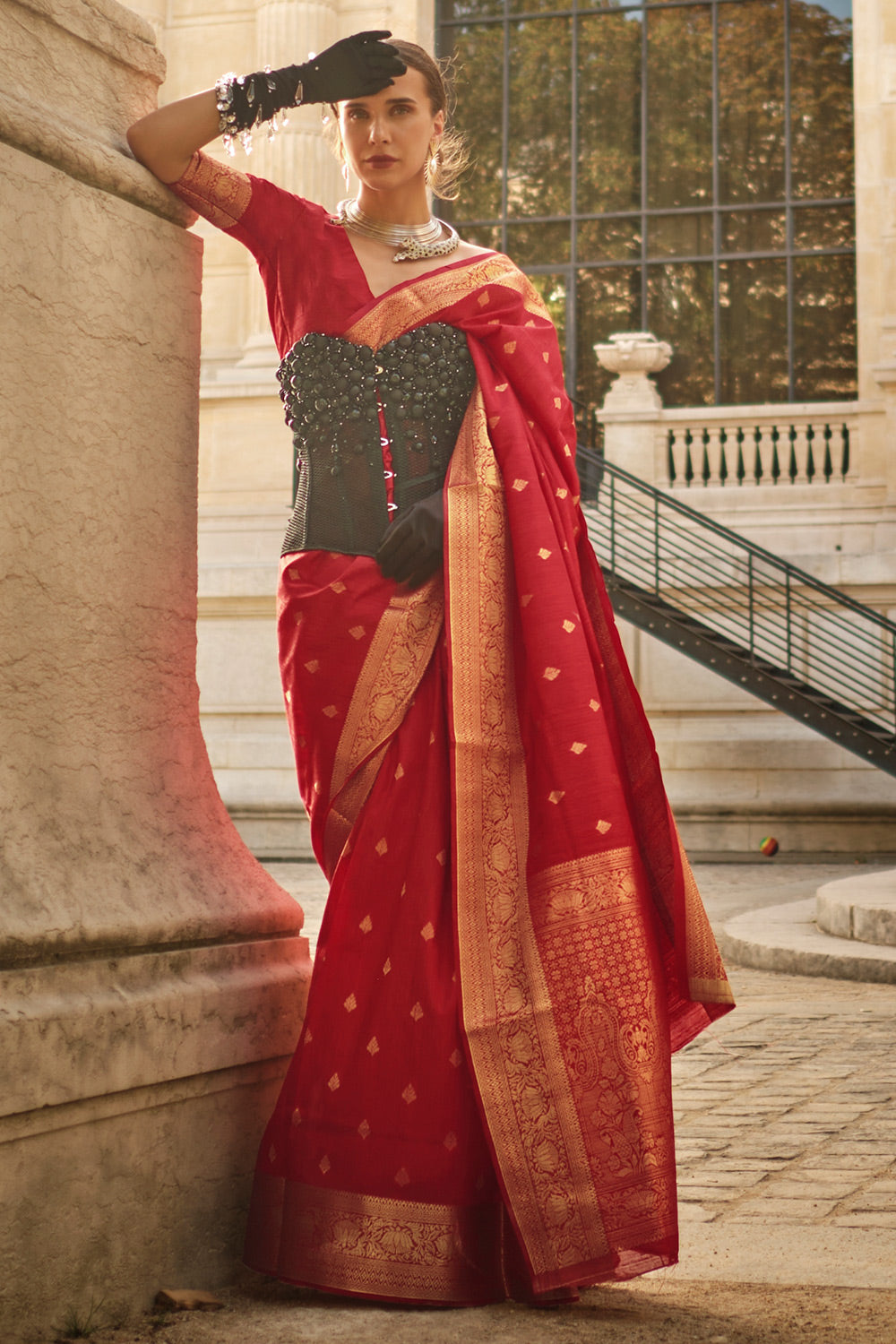 Red Khadi Silk Saree With Handloom Weaving