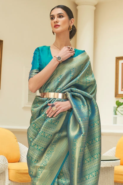 Light Blue Kanjivaram Silk Handloom Weaving Saree