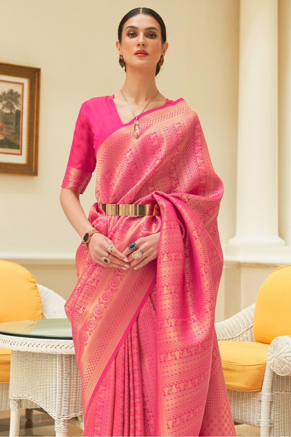 Pink Kanjivaram Silk Handloom Weaving Saree