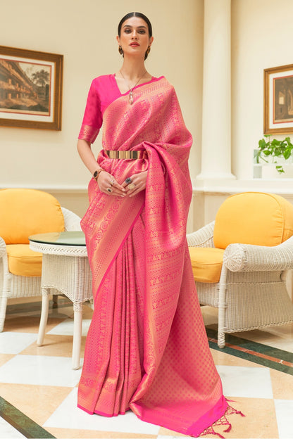 Pink Kanjivaram Silk Handloom Weaving Saree