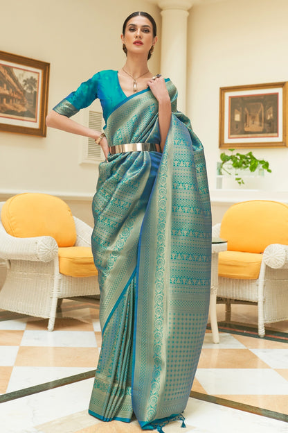 Rama Blue Kanjivaram Handloom Weaving Saree