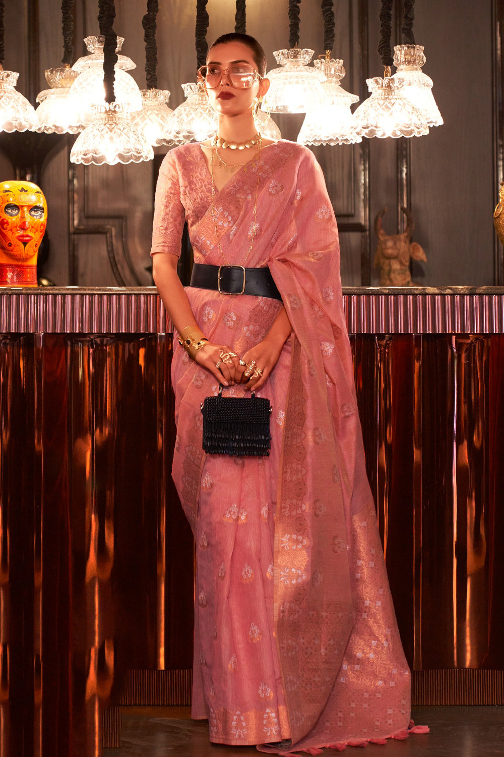 Sherbet Pink Linen Saree With Copper Zari Weaving Work