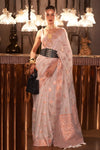 Off White Linen Saree With Copper Zari Weaving Work