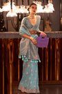 Sky Blue Linen Saree With Copper Zari Weaving Work