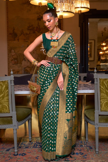 Dark Green Soft Silk Saree With Copper Zari Weaving Work