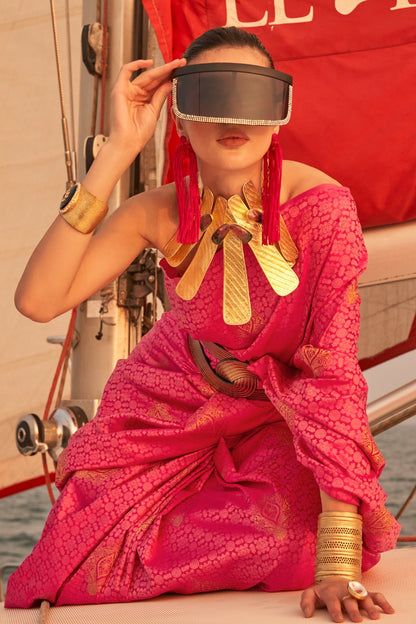 Fuscia Pink Satin Silk Handloom Weaving Saree