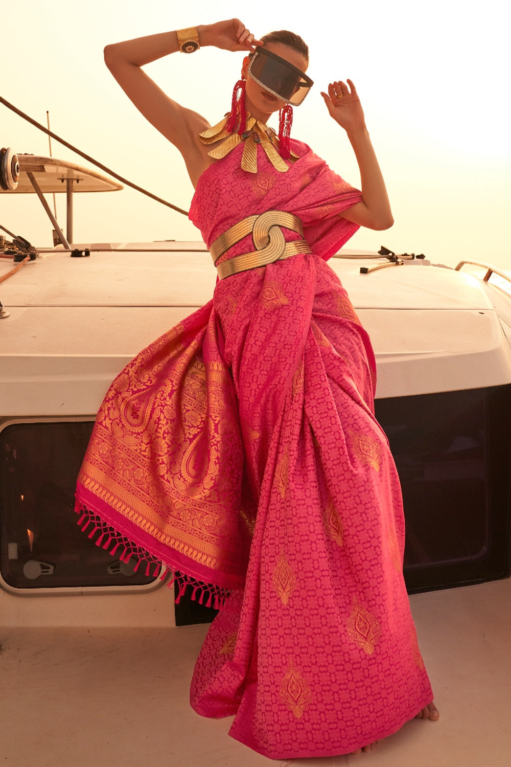 Fuscia Pink Satin Silk Handloom Weaving Saree