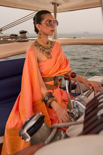 Peach Satin Silk Handloom Weaving Saree