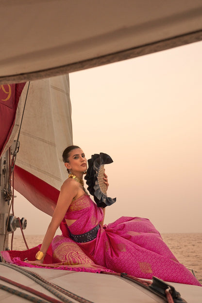 Pink Satin Silk Handloom Weaving Saree