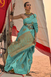 Sky Blue Satin Silk Handloom Weaving Saree