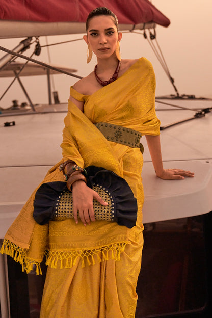 Yellow Satin Silk Handloom Weaving Saree