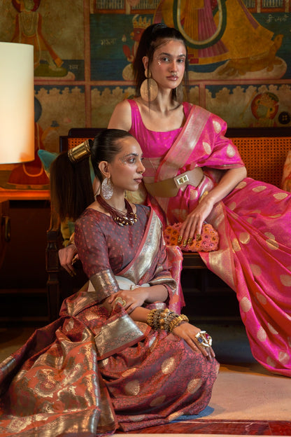Brown Satin Silk Handloom Weaving Saree