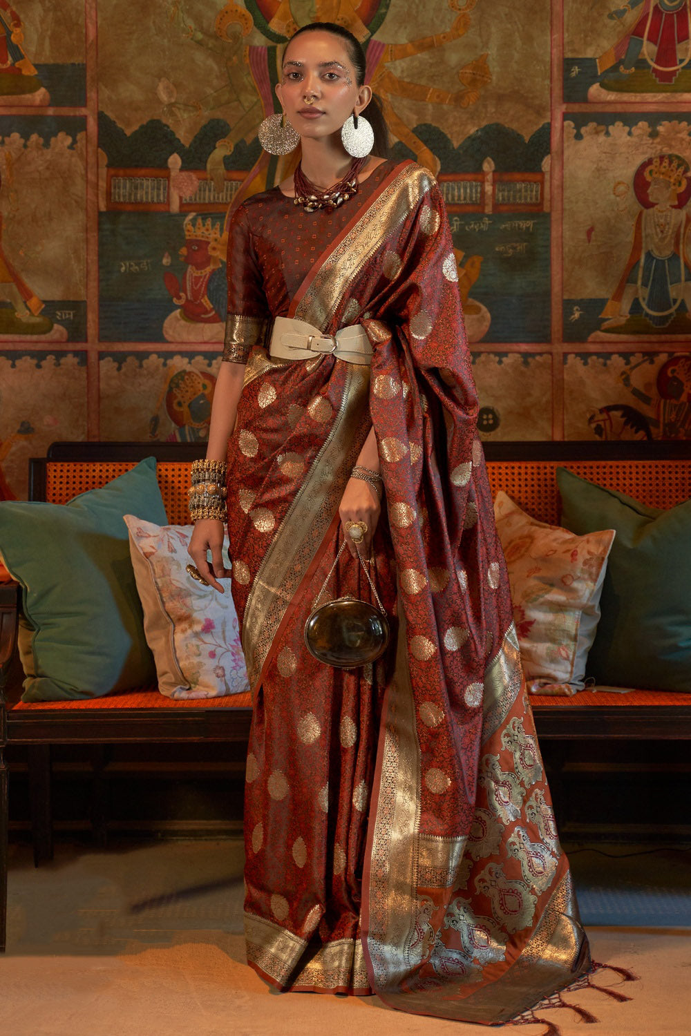 Brown Satin Silk Handloom Weaving Saree