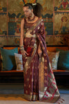 Dark Brown Satin Silk Handloom Weaving Saree