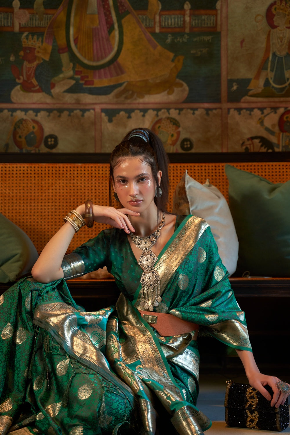 Green Satin Silk Handloom Weaving Saree