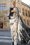 Off White & Black Satin Crepe Saree
