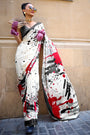 White & Red Satin Crepe Saree