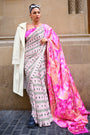 Off White & Pink Satin Crepe Saree