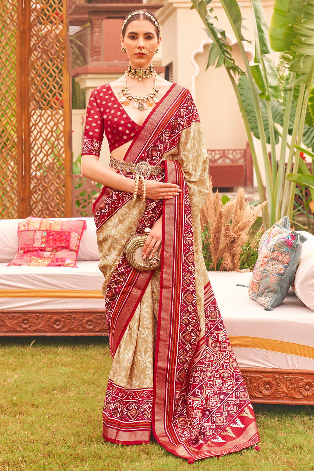 Biscuit Brown Patola Silk Saree With Printed Work