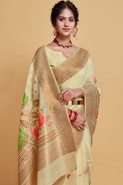 Cream Silk Saree With Zari Weaving Work