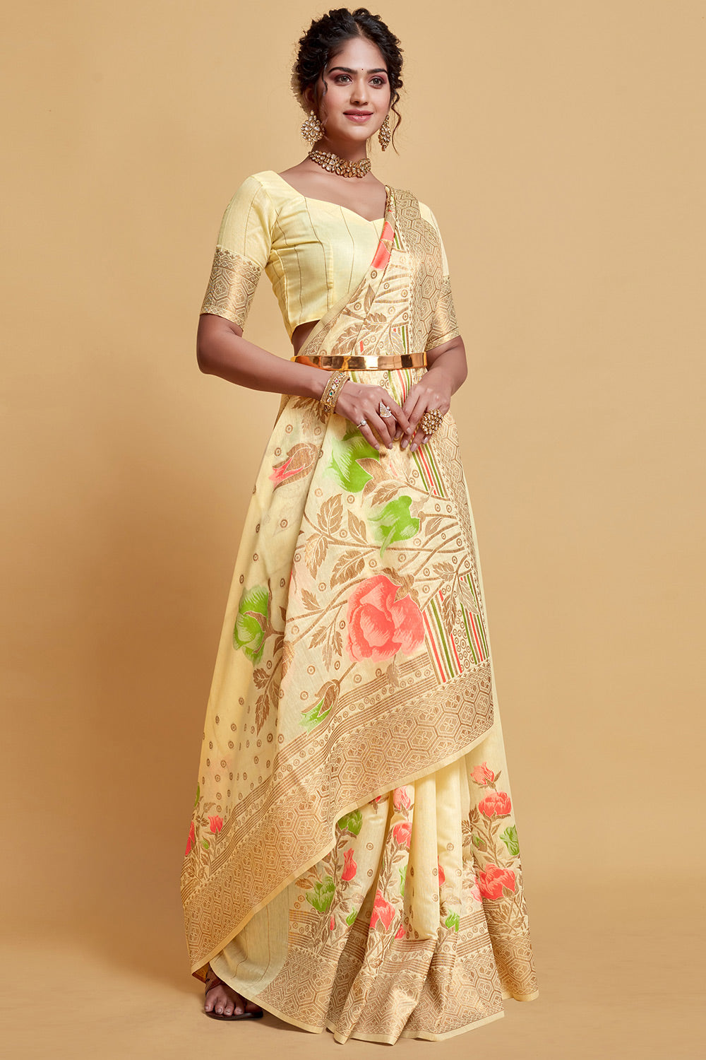 Light Yellow Silk Saree With Zari Weaving Work